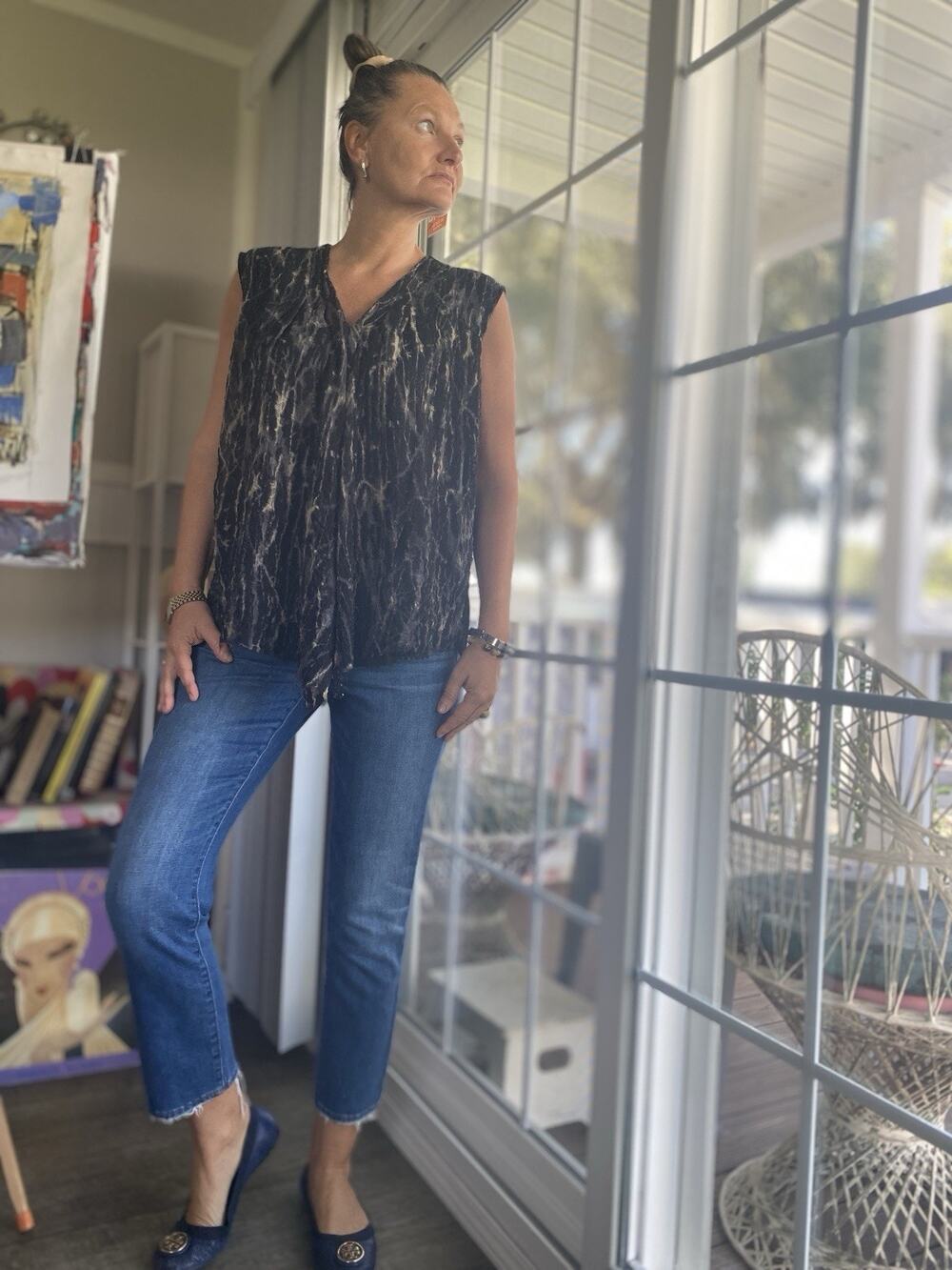 Pas De Calais Chic Black Gray Marble Sleeveless Tunic Top Asym V-Neck M/L